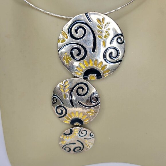 Descending 3 Circle Pendant Necklace with Purple and Yellow Flower Swirls - Picture 2 of 9